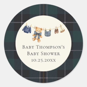 Vinttage Preppy Plaid Clothesline Boy Baby Shower Classic Round Sticker