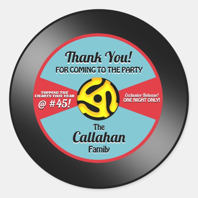 Vinyl 45 Record Label Birthday Party Thank You (Front)
