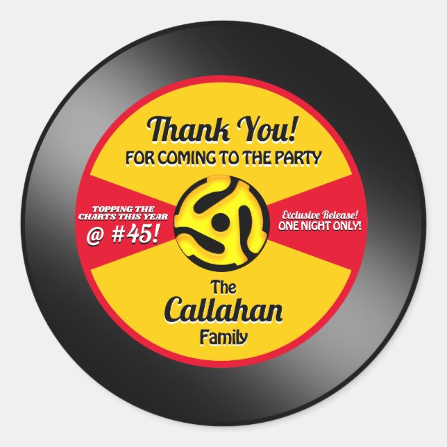 Vinyl 45 Record Label Birthday Party Thank You (Front)
