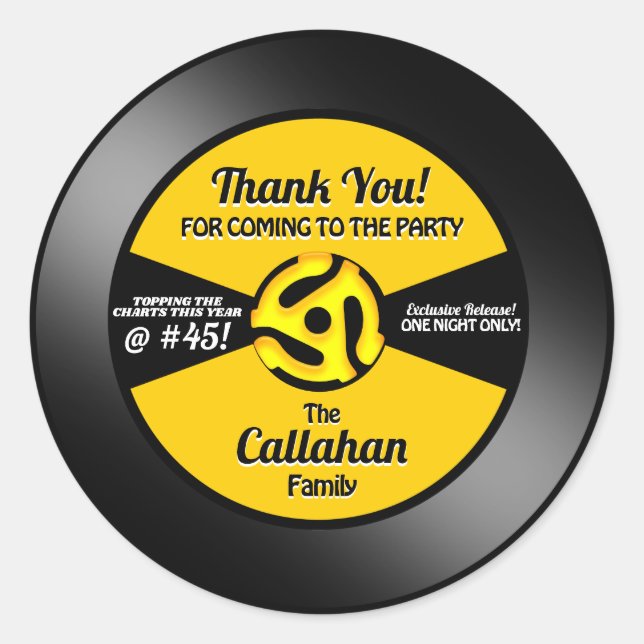 Vinyl 45 Record Label Birthday Party Thank You (Front)