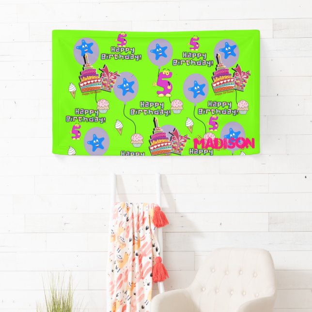 Vinyl Banner, Happy 5th Birthday Banner, #5 Green Banner (Insitu)