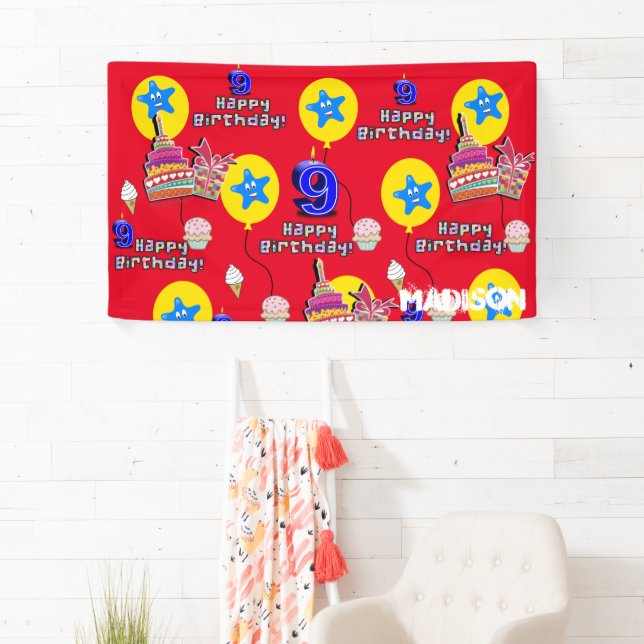 Vinyl Banner, Happy 9th Birthday Banner, #9 Red Banner (Insitu)