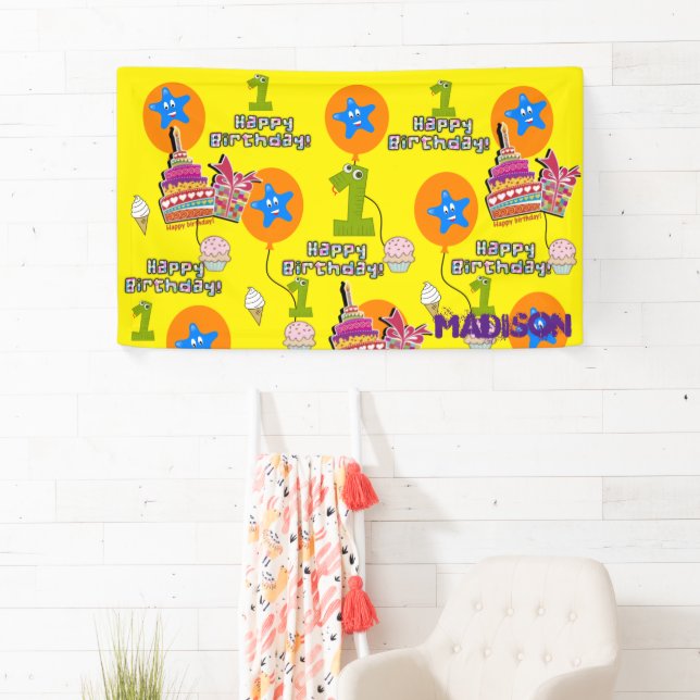 Vinyl Banner, Happy First Birthday Banner, #1 Banner (Insitu)