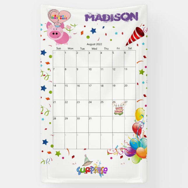 Vinyl Happy Birthday Calendar August 2022  Banner (Vertical)