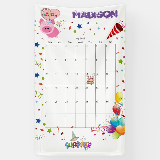 Vinyl Happy Birthday Calendar July 2022  Banner (Vertical)