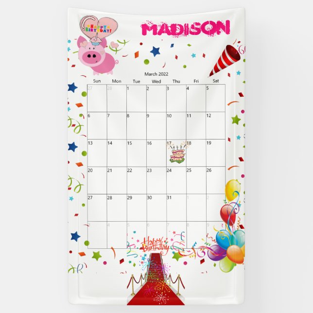 Vinyl Happy Birthday Calendar March 2022  Banner (Vertical)