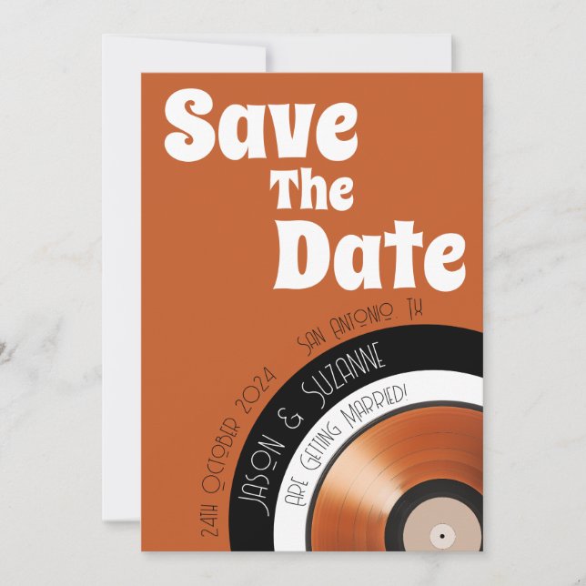 Vinyl record 70s retro terracotta burnt orange  save the date (Front)