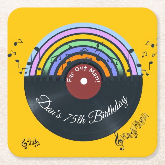 Vinyl Record Album Music Notes Rainbow  Square Paper Coaster (Front)