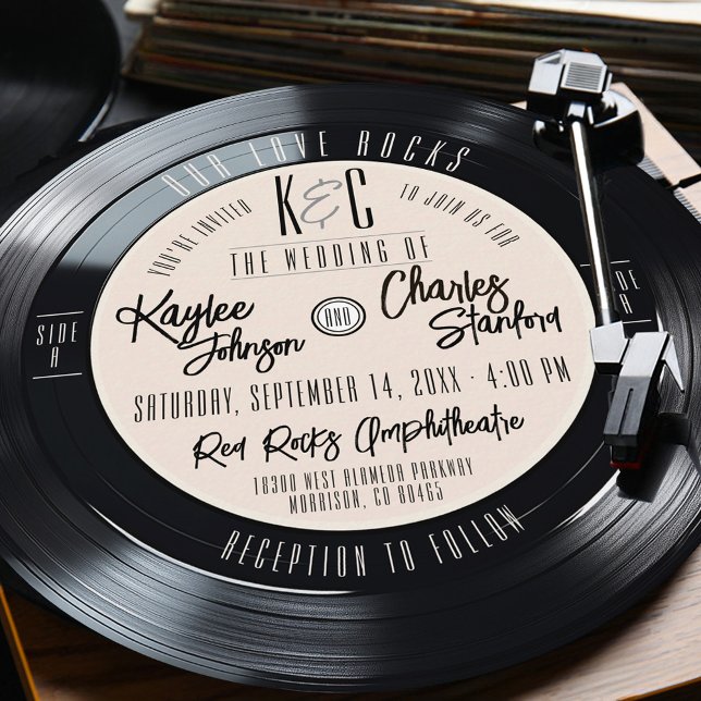 Vinyl Record Black and Ivory Vintage Music Wedding Invitation (VIntage black cream ivory Our Love Rocks vinyl record music round retro unique wedding invitation)