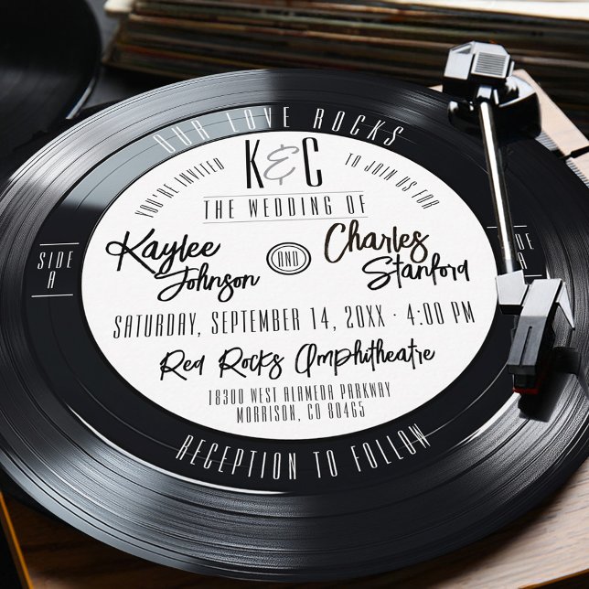 Vinyl Record Black and White Vintage Music Wedding Invitation (VIntage black white Our Love Rocks classic vinyl record album round retro unique wedding invitation)