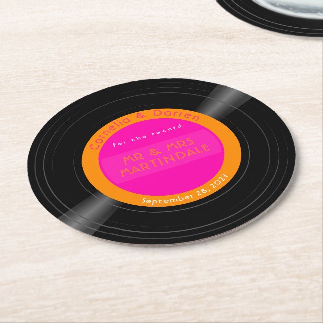 Vinyl Record Disco Hot Pink Orange Custom Round Paper Coaster (Angled)