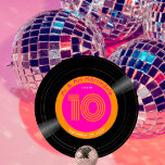 Vinyl Record Disco Hot Pink Orange Table Number<br><div class="desc">Add a disco touch to your wedding tables with this hot pink and orange groovy vinyl record style round paper Table Number. This fun custom design features a vinyl record image. The label displays your table number in a striped retro disco font. The label border features your names and wedding...</div>