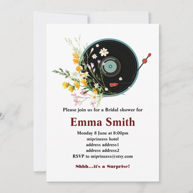 Vinyl Record, floral, Oldies Rustic, women music Invitation (Front)