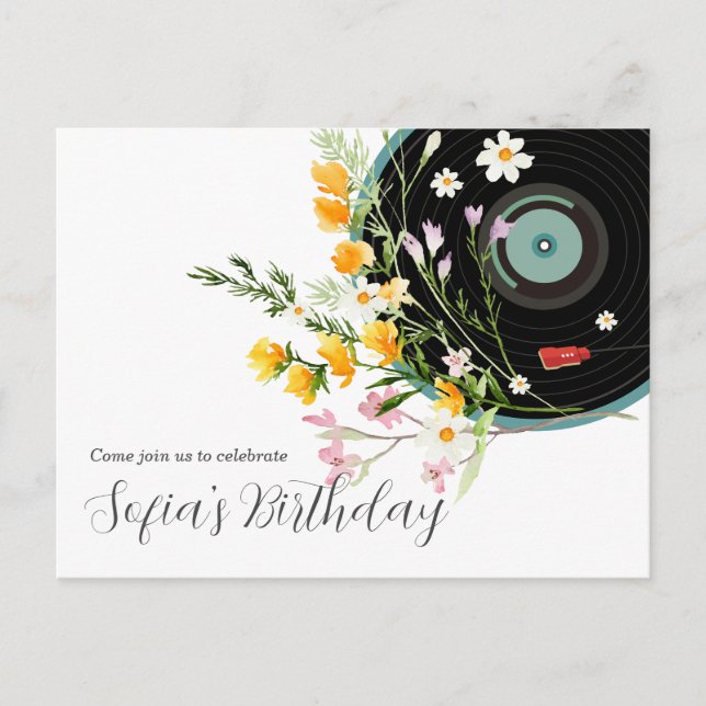 Vinyl Record, floral, Oldies Rustic, women music Invitation Postcard (Front)