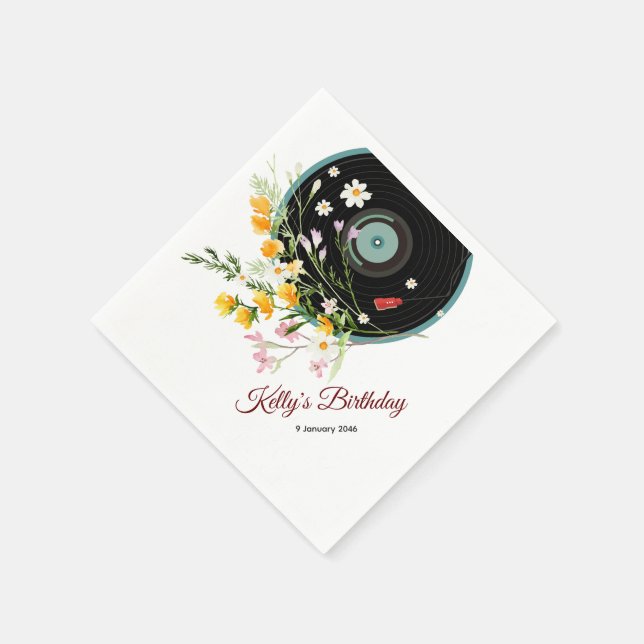 Vinyl Record, floral, Oldies Rustic, women music Napkin (Corner)