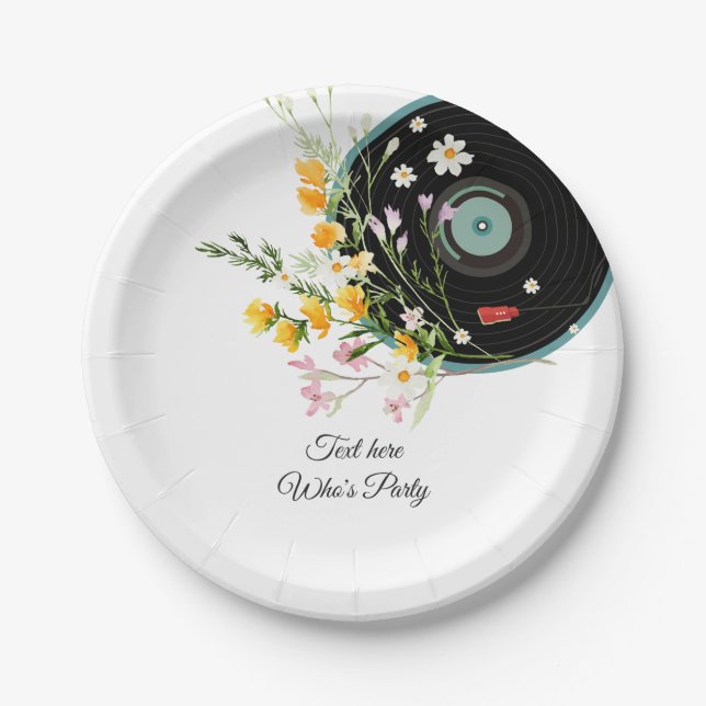 Vinyl Record, floral, Oldies Rustic, women music Paper Plate (Front)