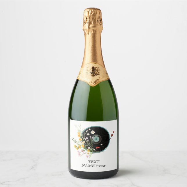 Vinyl Record, floral, Oldies Rustic, women music Sparkling Wine Label (Front)