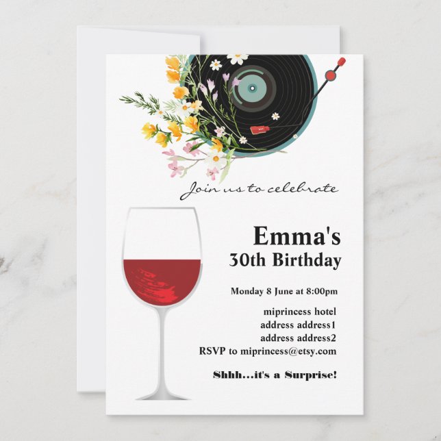 Vinyl Record,  Oldies Rustic music, flowers, adult Invitation (Front)