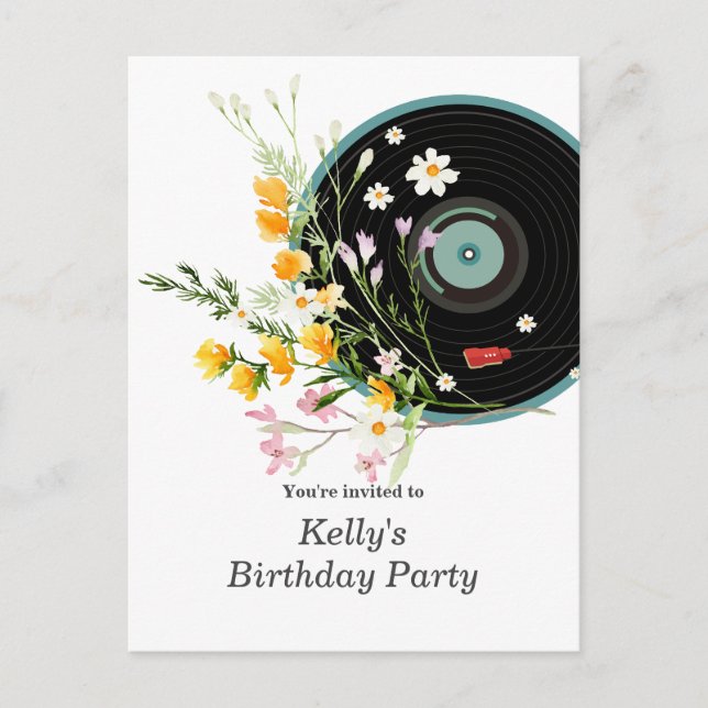 Vinyl Record,  Oldies Rustic music, flowers, adult Invitation Postcard (Front)