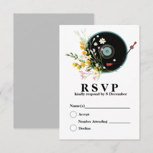 Vinyl Record,  Oldies Rustic music, flowers, adult RSVP Card