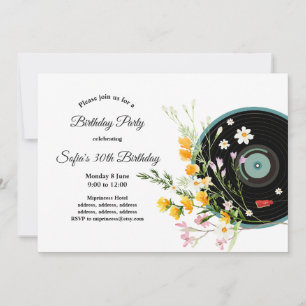 Vinyl Record,  Oldies Rustic music, flowers, Invitation