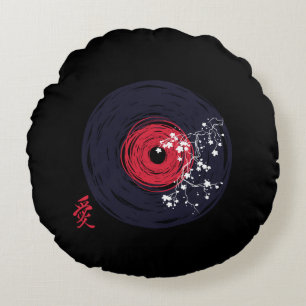 Vinyl Record Retro Grunge With Sakura Blossoms Round Cushion