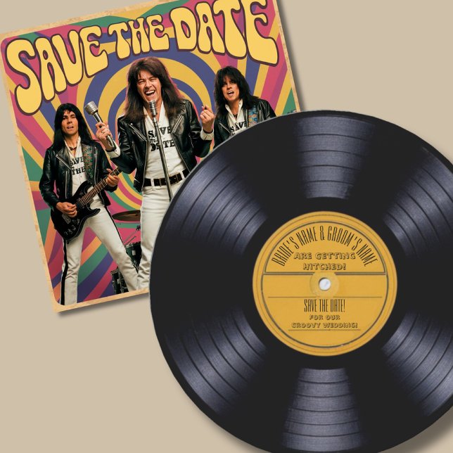 Vinyl record shaped wedding invite 70s style retro (Creator Uploaded)