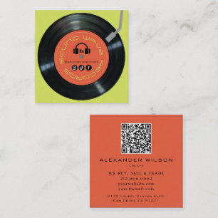 Vinyl Record Store Player Red & Lime Green Square Business Card