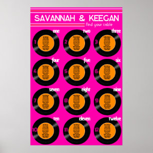 Vinyl Record Wedding Hot Pink Seating Plan Poster 