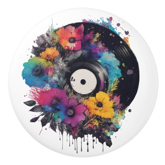 Vinyl record with colourful flowers ceramic knob (Front)