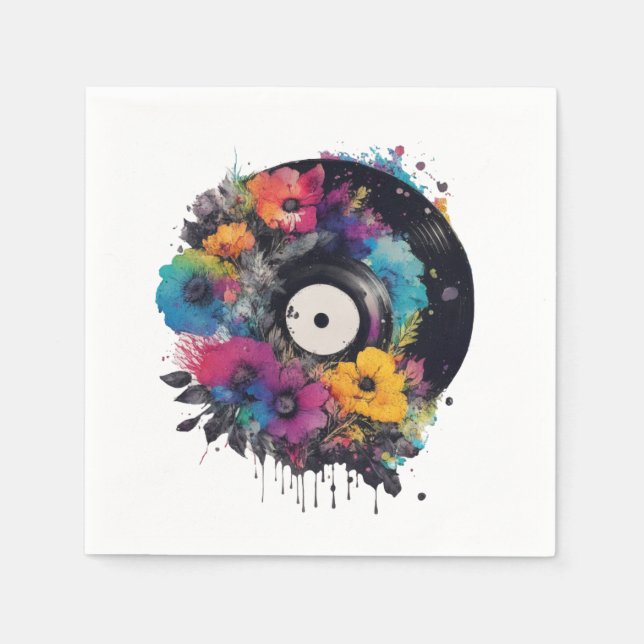 Vinyl record with colourful flowers napkin (Front)