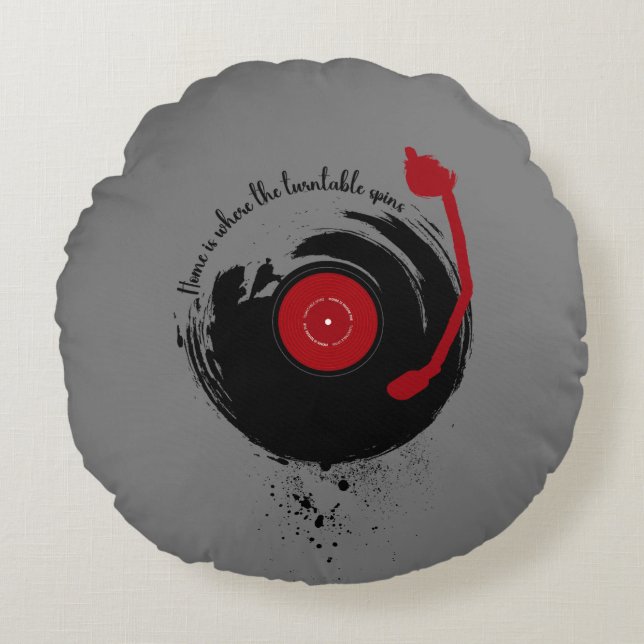 Vinyl Records Home Is Where The Turntable Spins Round Cushion (Front)