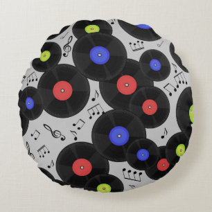 Vinyl Records: Music Note Pattern Round Cushion