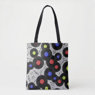 Vinyl Records: Music Note Pattern Tote Bag