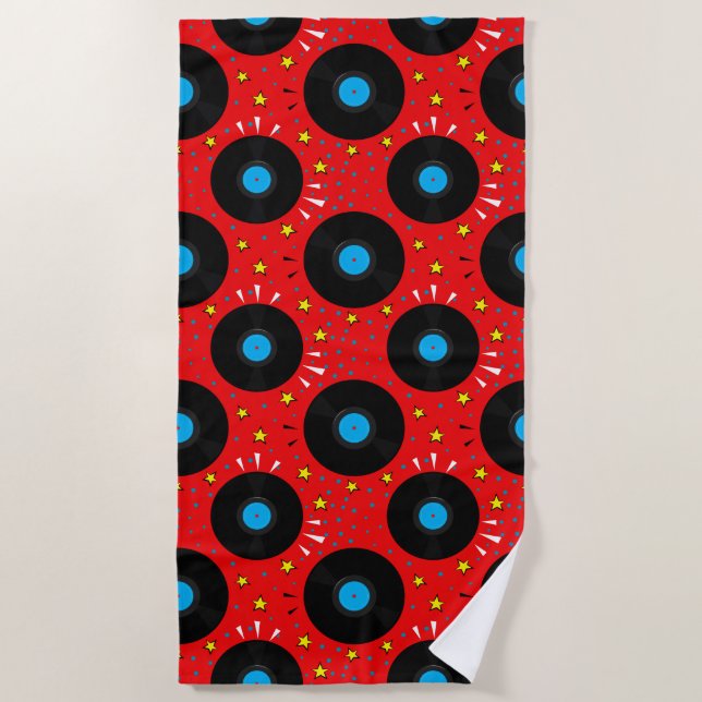 Vinyl Records Retro Music Pattern Beach Towel (Front)