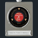 Vinyl Romantic 7th Copper Wedding Anniversary Silver Plated Banner Ornament<br><div class="desc">Celebrate your love and the 7th Copper wedding anniversary with this milestone Christmas Anniversary Ornament! Add a romantic touch to this special occasion and milestone in your life, with this modern, retro themed design, featuring a vinyl record, and an elegant personalised text, in copper colour. Easily customise with the couple's...</div>