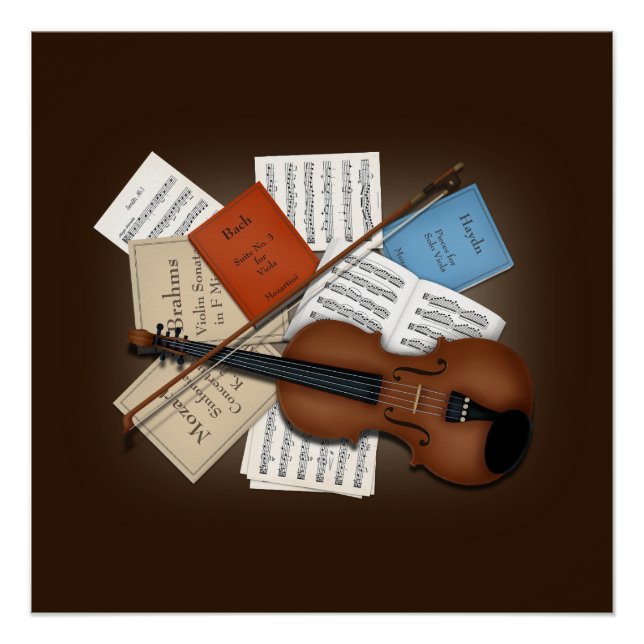 Viola & Bow With Books & Sheet Music Customisable Poster (Front)