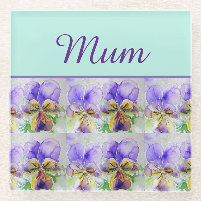 Viola Flower Aqua Stripe floral Mom Mothers Day Glass Coaster (Front)
