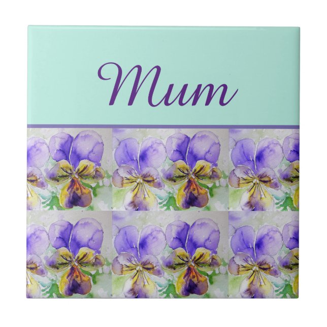 Viola Flower Aqua Stripe floral Mom Mothers Day Tile (Front)