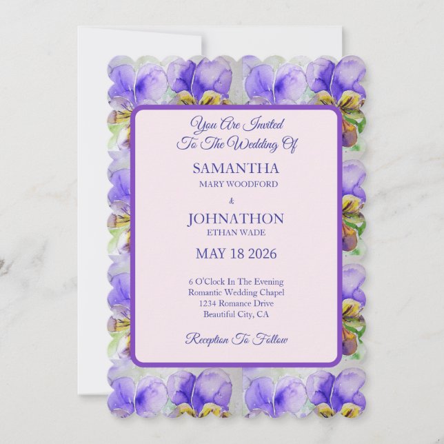 Viola Watercolor Flower Floral Wedding Invitation (Front)