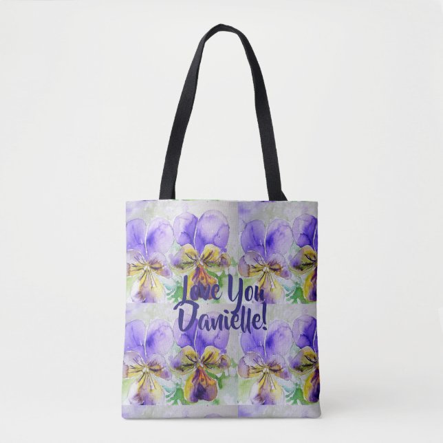 Viola Watercolor Flowers Floral Love You Tote Bag (Front)