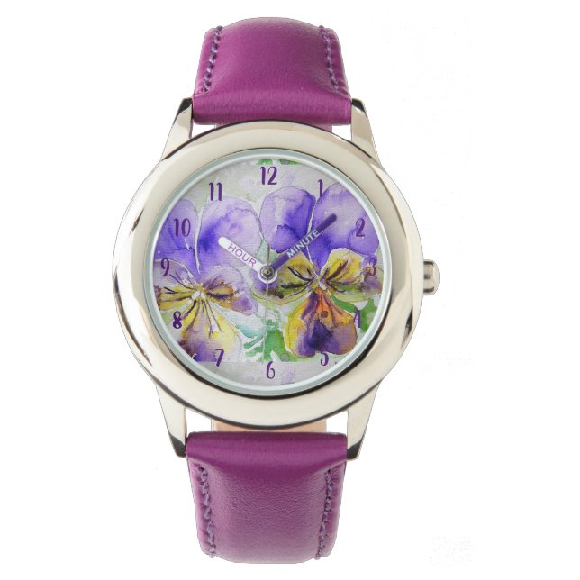 Viola Watercolor Painting Purple art Flower Floral Watch (Front)