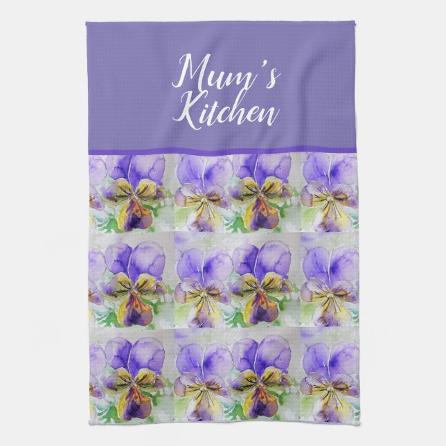 Violas Floral Purple Yellow Viola Violet Pattern Tea Towel (Vertical)
