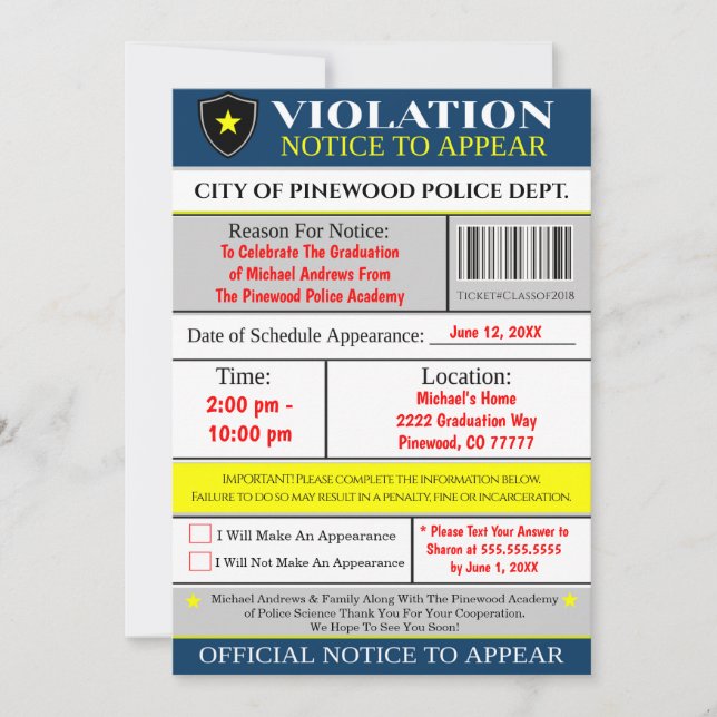Violation Ticket Police Graduation Invitation (Front)