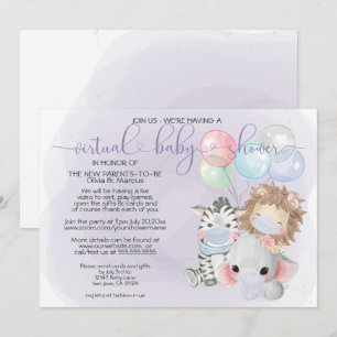 Violet 3 Cute Animals in Masks Virtual Baby Shower Invitation