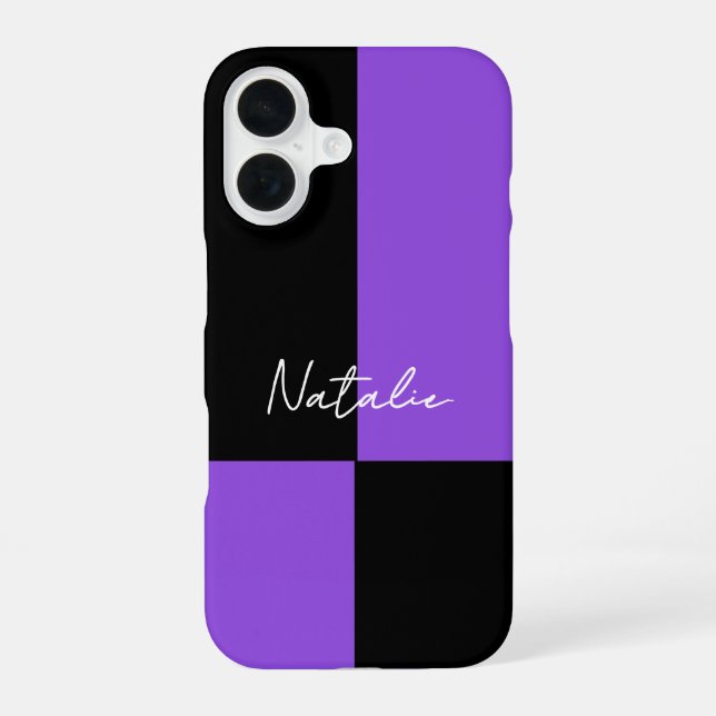 Violet and Black Colour Block Minimal Personalised iPhone 16 Case (Back)