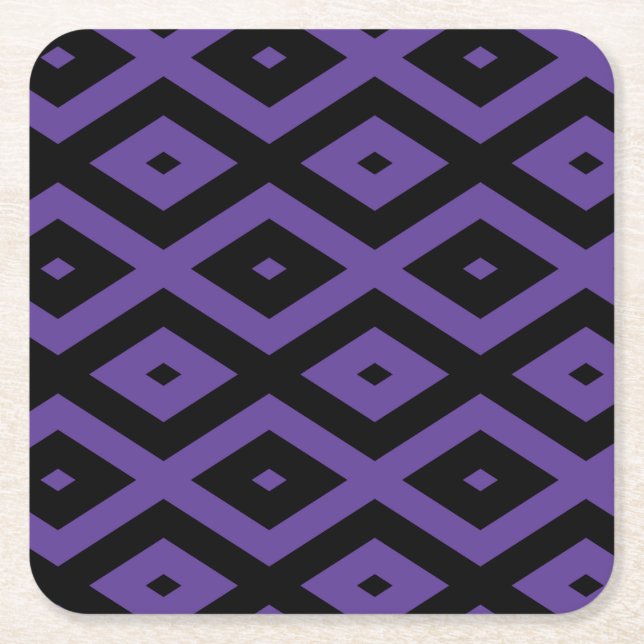 Violet and black diamond pattern square paper coaster (Front)