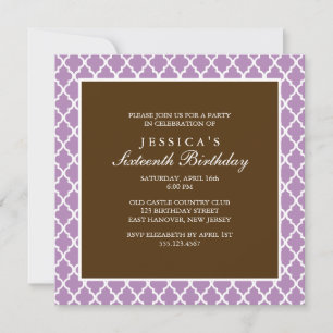 Violet and Brown Elegant Quatrefoil Birthday Invitation