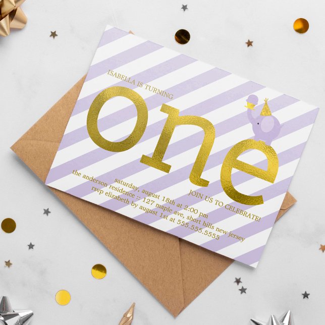 Violet and Faux Gold Foil Elephant Birthday Party Invitation (Creator Uploaded)