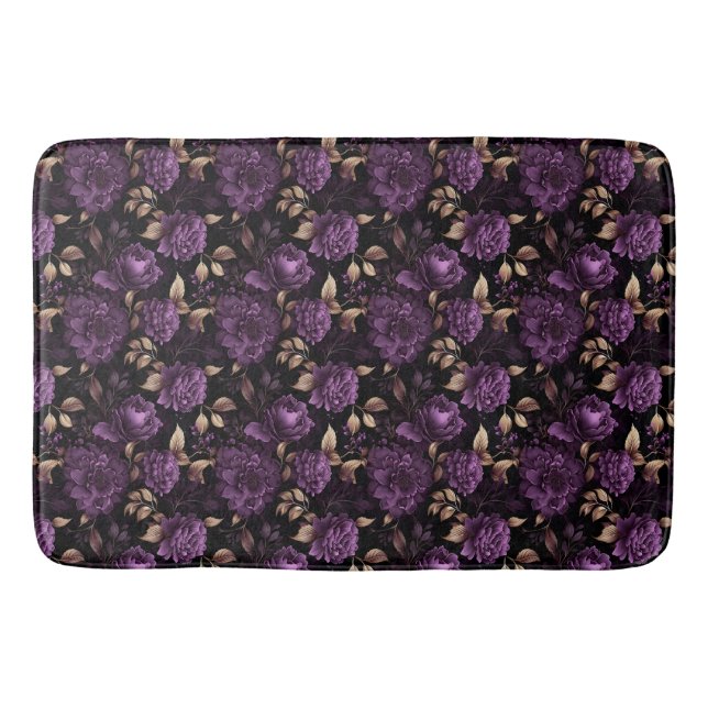 Violet And Gold Dark Gothic Botanical Pattern Bath Mat (Front)